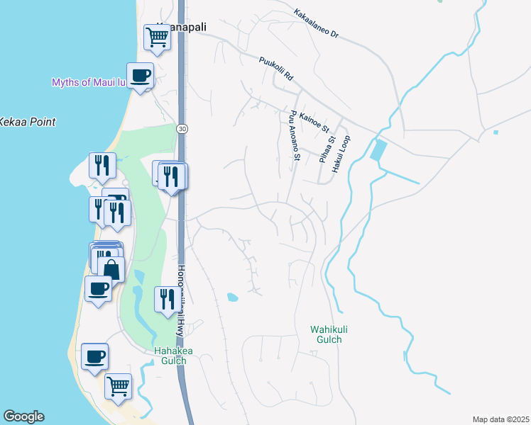 map of restaurants, bars, coffee shops, grocery stores, and more near 261 South Ulukoa Place in Lahaina