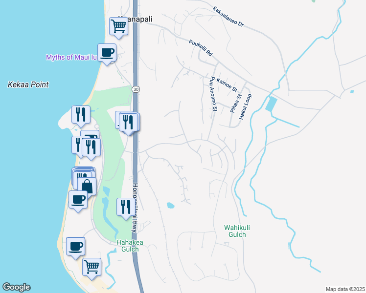 map of restaurants, bars, coffee shops, grocery stores, and more near 246 South Ulukoa Place in Lahaina