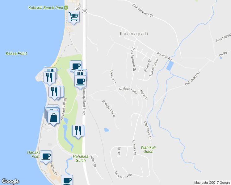 map of restaurants, bars, coffee shops, grocery stores, and more near 246 South Ulukoa Place in Lahaina