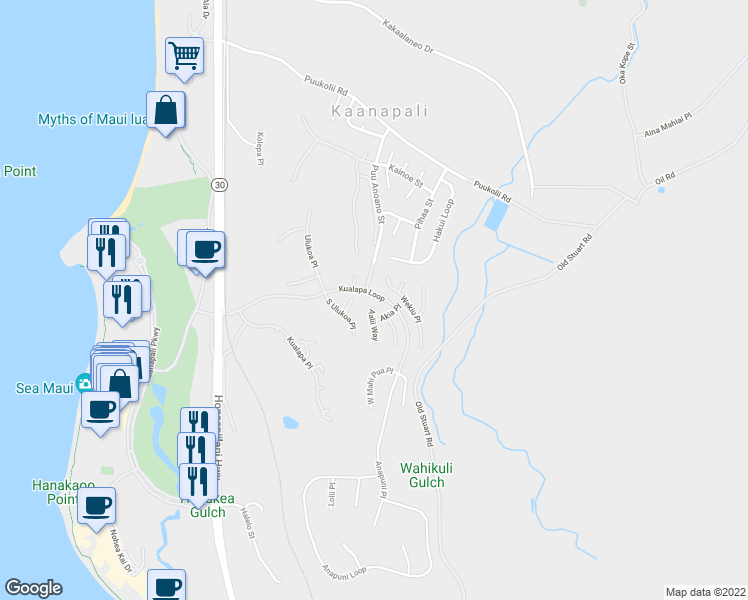 map of restaurants, bars, coffee shops, grocery stores, and more near 300 Aalii Way in Lahaina