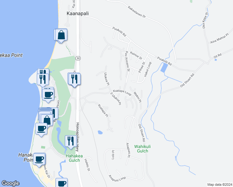 map of restaurants, bars, coffee shops, grocery stores, and more near 241 Amakihi Way in Lahaina
