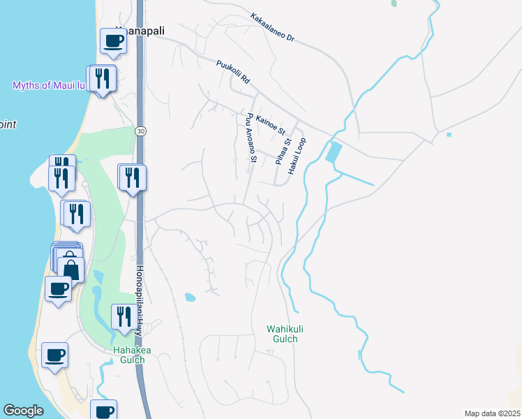 map of restaurants, bars, coffee shops, grocery stores, and more near 200 Wahioli Way in Lahaina