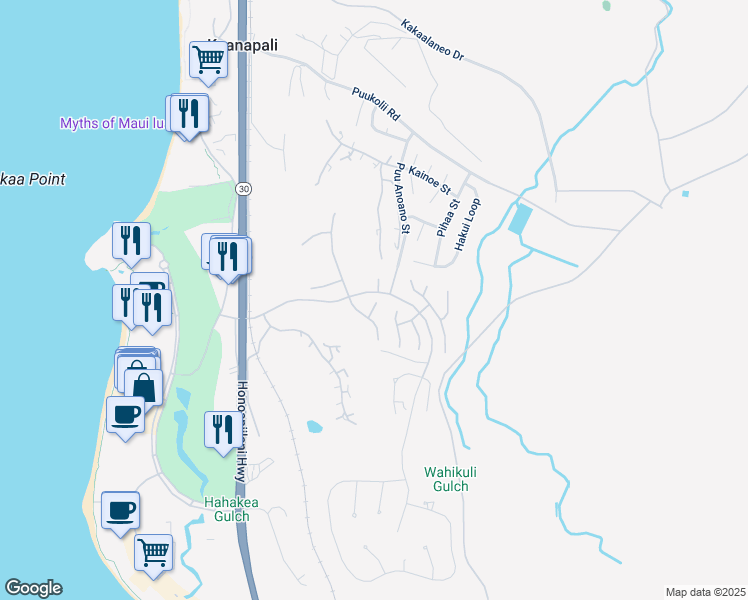 map of restaurants, bars, coffee shops, grocery stores, and more near 249 Amakihi Way in Lahaina