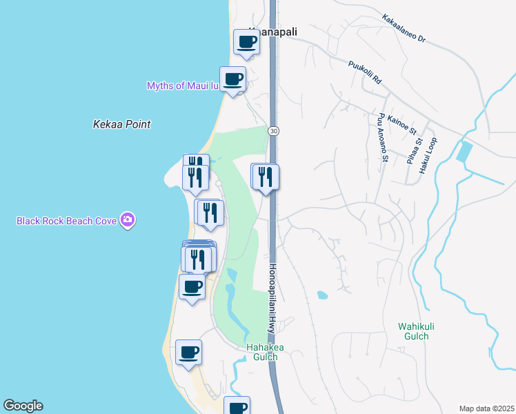 map of restaurants, bars, coffee shops, grocery stores, and more near 2661 Kekaa Drive in Lahaina