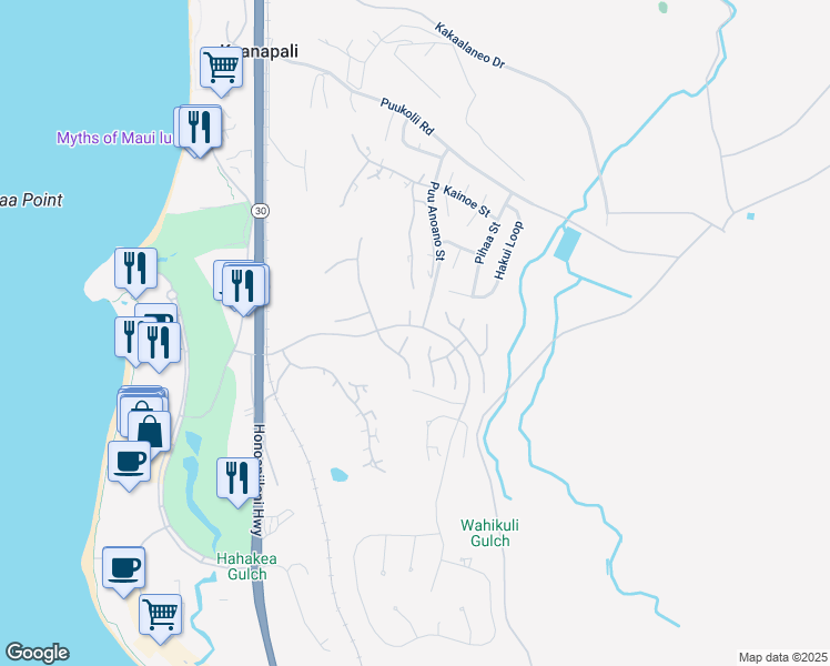 map of restaurants, bars, coffee shops, grocery stores, and more near 250 Amakihi Way in Lahaina