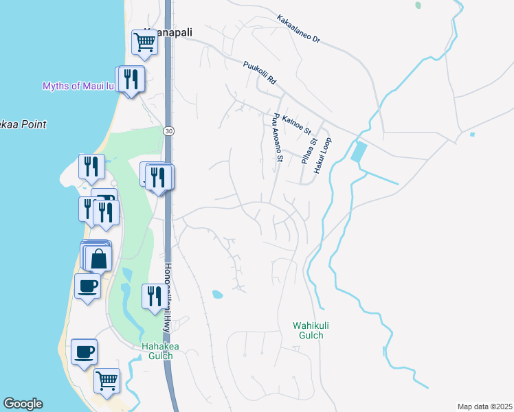 map of restaurants, bars, coffee shops, grocery stores, and more near 249 Amakihi Way in Lahaina