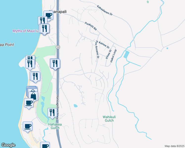 map of restaurants, bars, coffee shops, grocery stores, and more near 250 Amakihi Way in Lahaina