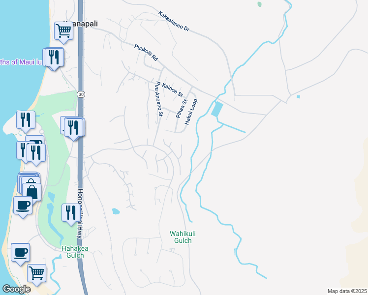 map of restaurants, bars, coffee shops, grocery stores, and more near 183 Welau Way in Lahaina