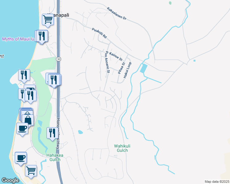 map of restaurants, bars, coffee shops, grocery stores, and more near 288 Wekiu Place in Lahaina