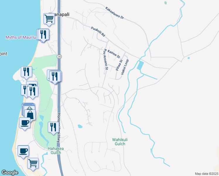 map of restaurants, bars, coffee shops, grocery stores, and more near 292 Wekiu Place in Lahaina