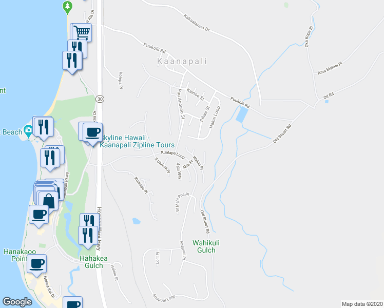 map of restaurants, bars, coffee shops, grocery stores, and more near 211 Wahioli Way in Lahaina