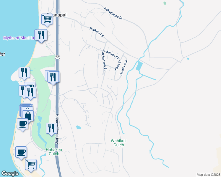 map of restaurants, bars, coffee shops, grocery stores, and more near 207 Wahioli Way in Lahaina