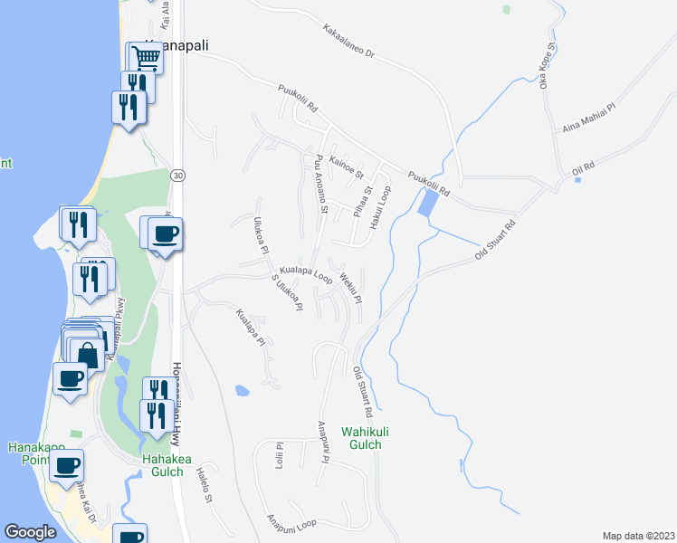map of restaurants, bars, coffee shops, grocery stores, and more near 304 Wekiu Place in Lahaina
