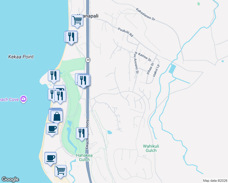 map of restaurants, bars, coffee shops, grocery stores, and more near 42 Kahuakai Way in Lahaina