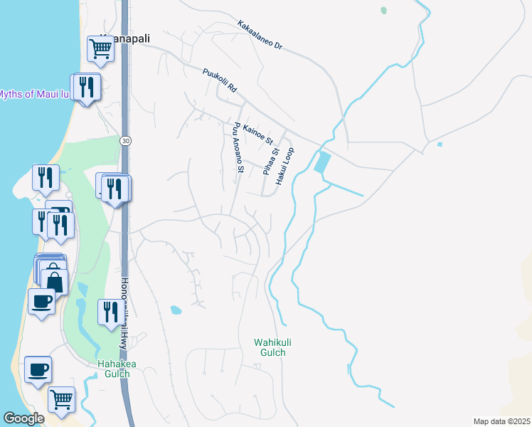 map of restaurants, bars, coffee shops, grocery stores, and more near 174 Welau Way in Lahaina