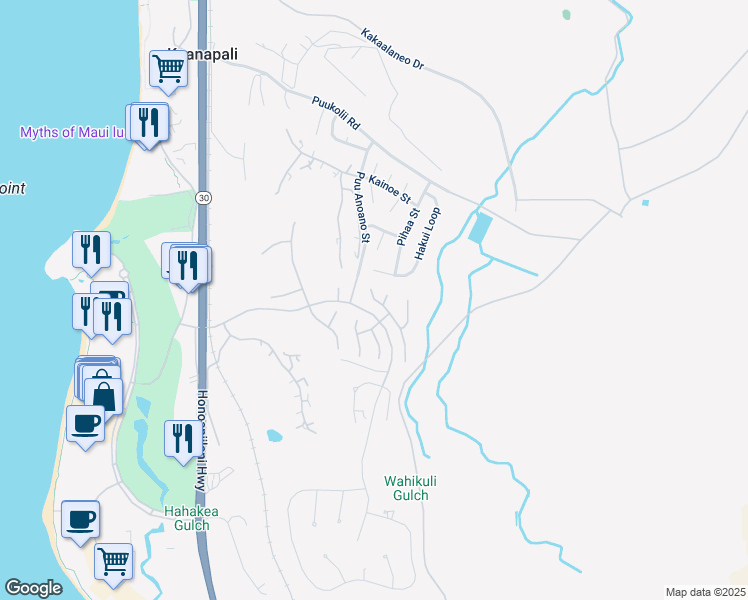 map of restaurants, bars, coffee shops, grocery stores, and more near 284 Wekiu Place in Lahaina