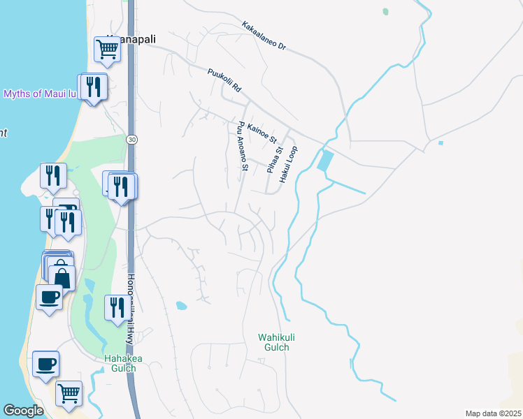map of restaurants, bars, coffee shops, grocery stores, and more near 288 Wekiu Place in Lahaina