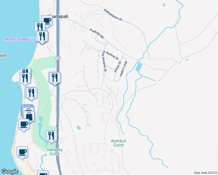map of restaurants, bars, coffee shops, grocery stores, and more near 200 Wahioli Way in Lahaina