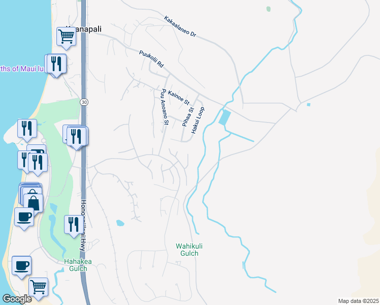 map of restaurants, bars, coffee shops, grocery stores, and more near 165 Welau Way in Lahaina