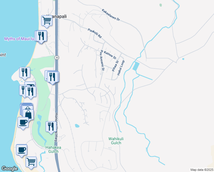 map of restaurants, bars, coffee shops, grocery stores, and more near 207 Wahioli Way in Lahaina