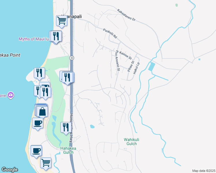 map of restaurants, bars, coffee shops, grocery stores, and more near 235 Haloko Place in Lahaina