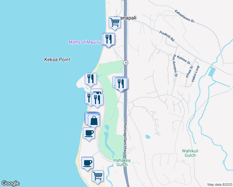 map of restaurants, bars, coffee shops, grocery stores, and more near 2661 Kekaa Drive in Lahaina