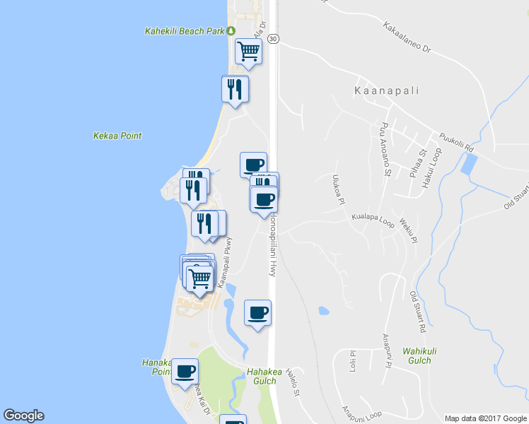 map of restaurants, bars, coffee shops, grocery stores, and more near 2580 Kekaa Drive in Lahaina