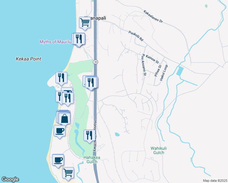 map of restaurants, bars, coffee shops, grocery stores, and more near 42 Kahuakai Way in Lahaina