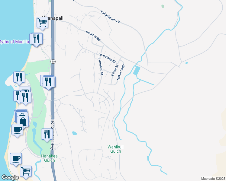 map of restaurants, bars, coffee shops, grocery stores, and more near 166 Welau Way in Lahaina