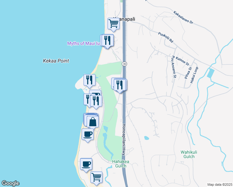 map of restaurants, bars, coffee shops, grocery stores, and more near 2661 Kekaa Drive in Lahaina
