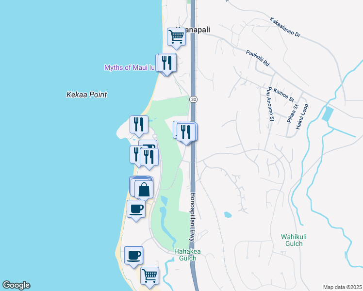 map of restaurants, bars, coffee shops, grocery stores, and more near 2661 Kekaa Drive in Lahaina