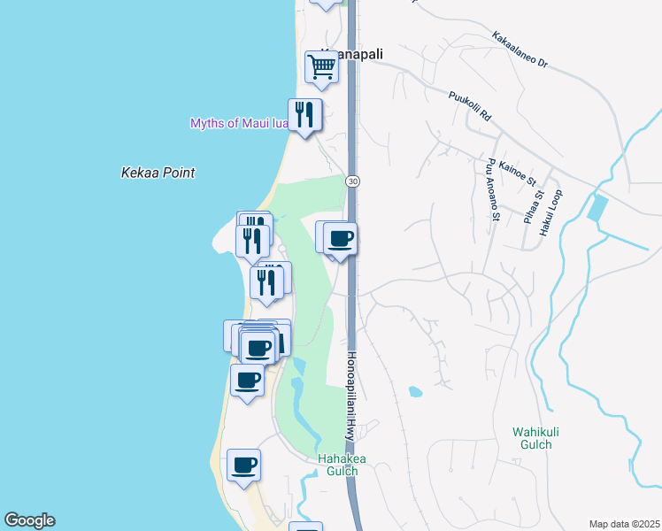map of restaurants, bars, coffee shops, grocery stores, and more near 2580 Kekaa Drive in Lahaina