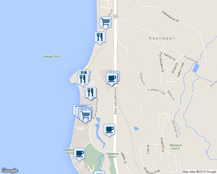 map of restaurants, bars, coffee shops, grocery stores, and more near 2661 Kekaa Drive in Lahaina