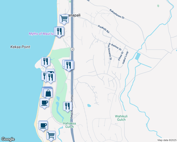 map of restaurants, bars, coffee shops, grocery stores, and more near 42 Kahuakai Way in Lahaina