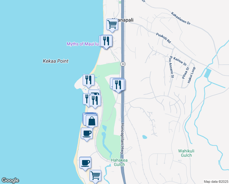 map of restaurants, bars, coffee shops, grocery stores, and more near 2661 Kekaa Drive in Lahaina