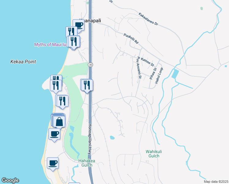 map of restaurants, bars, coffee shops, grocery stores, and more near 42 Kahuakai Way in Lahaina