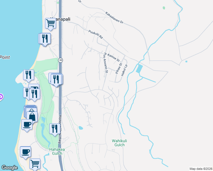map of restaurants, bars, coffee shops, grocery stores, and more near 280 Wekiu Place in Lahaina