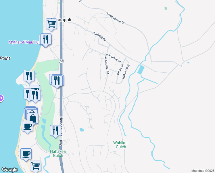 map of restaurants, bars, coffee shops, grocery stores, and more near 280 Wekiu Place in Lahaina