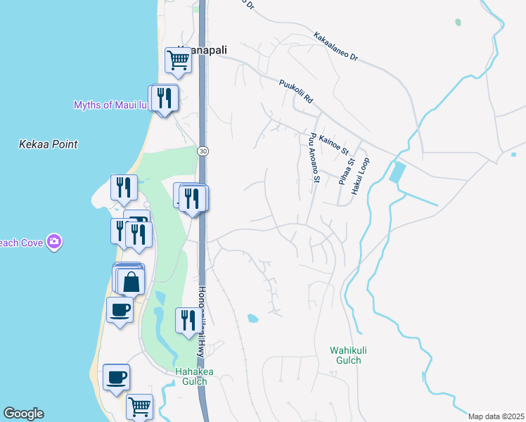 map of restaurants, bars, coffee shops, grocery stores, and more near 42 Kahuakai Way in Lahaina