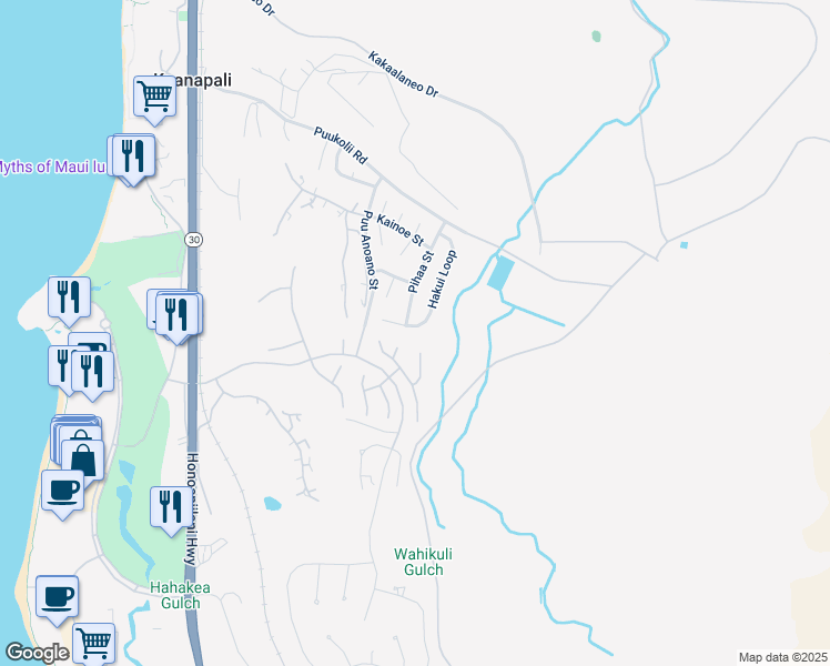 map of restaurants, bars, coffee shops, grocery stores, and more near 163 Hakui Loop in Lahaina