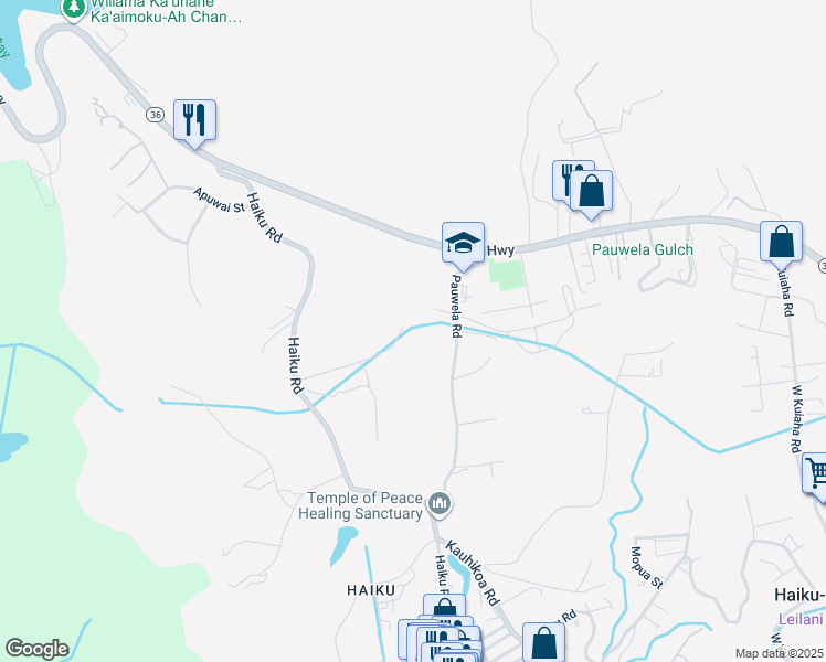 map of restaurants, bars, coffee shops, grocery stores, and more near 2676 Kalanikahua Road in Haiku-Pauwela
