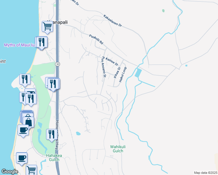 map of restaurants, bars, coffee shops, grocery stores, and more near 195 Hakui Place in Lahaina