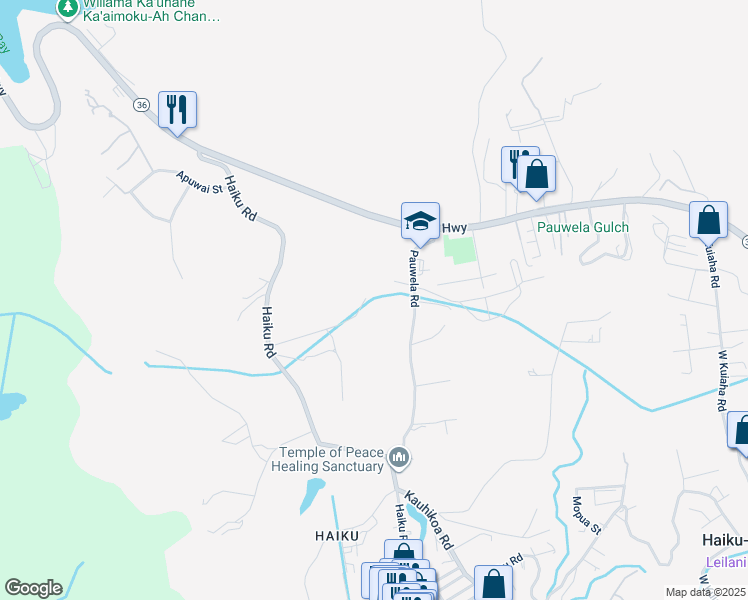 map of restaurants, bars, coffee shops, grocery stores, and more near 2676 Kalanikahua Road in Haiku-Pauwela