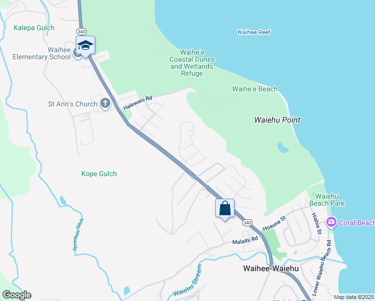 map of restaurants, bars, coffee shops, grocery stores, and more near 18 Mauli Ola Street in Wailuku
