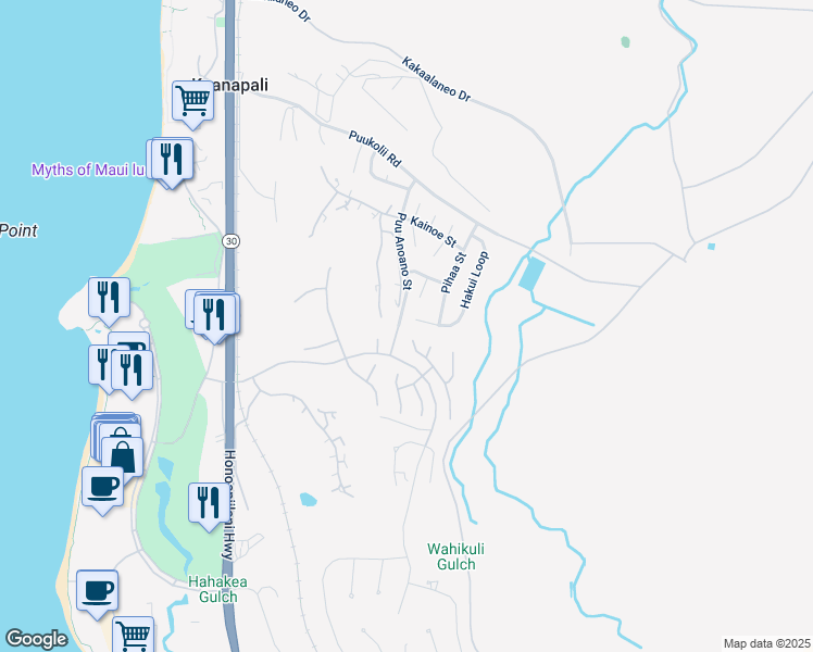 map of restaurants, bars, coffee shops, grocery stores, and more near 207 Hakui Place in Lahaina