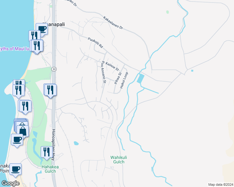 map of restaurants, bars, coffee shops, grocery stores, and more near 189 Hakui Loop in Lahaina