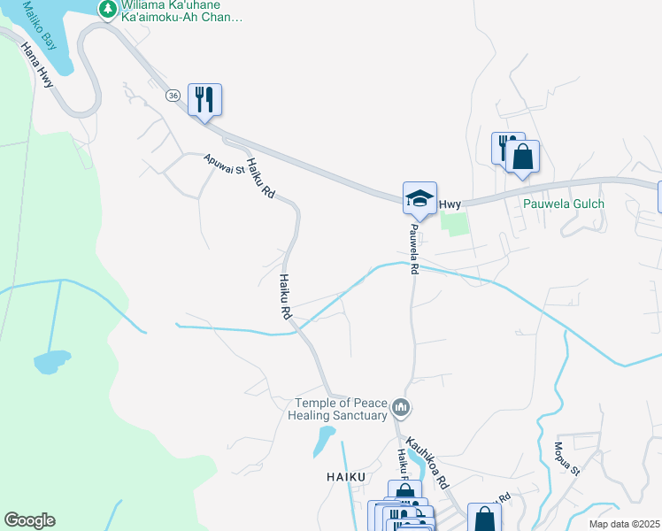 map of restaurants, bars, coffee shops, grocery stores, and more near 2651 Kalanikahua Road in Haiku-Pauwela