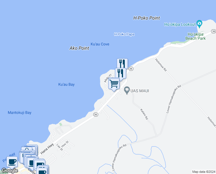 map of restaurants, bars, coffee shops, grocery stores, and more near 6 Malie Place in Paia