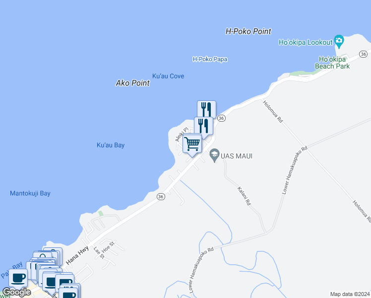 map of restaurants, bars, coffee shops, grocery stores, and more near 38 Kaimao Street in Paia