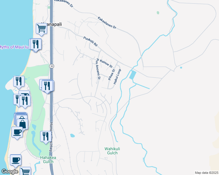 map of restaurants, bars, coffee shops, grocery stores, and more near 164 Hakui Loop in Lahaina